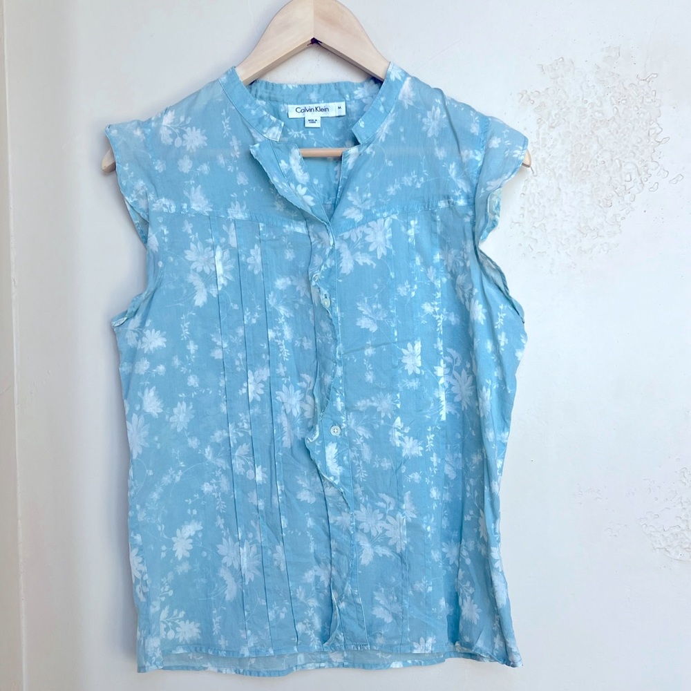 Calvin Klein Blue floral, banded collar cotton blouse